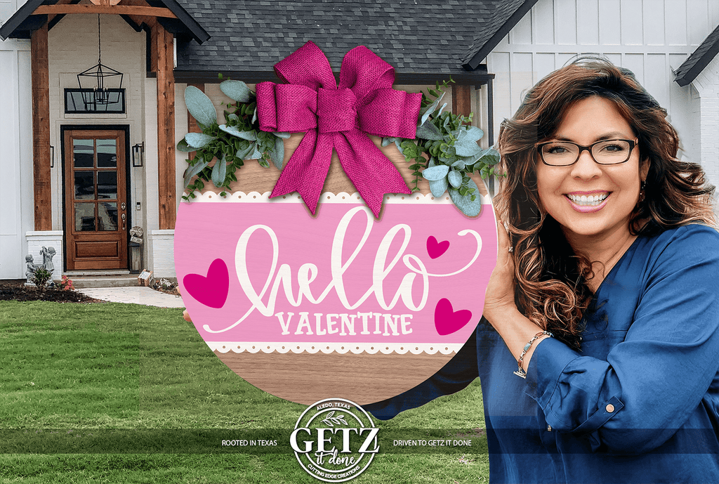 Hello Valentine Door Hanger | Valentine’s Day Front Door Sign | Pink or Red Valentine Decor | Heart Welcome Sign - 3D Layered Wood Door Sign by Getz It Done Studio