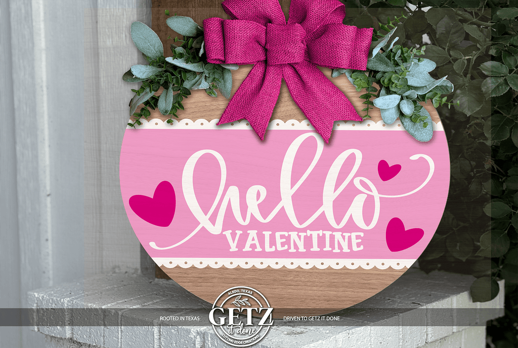 Hello Valentine Door Hanger | Valentine’s Day Front Door Sign | Pink or Red Valentine Decor | Heart Welcome Sign - 3D Layered Wood Door Sign by Getz It Done Studio