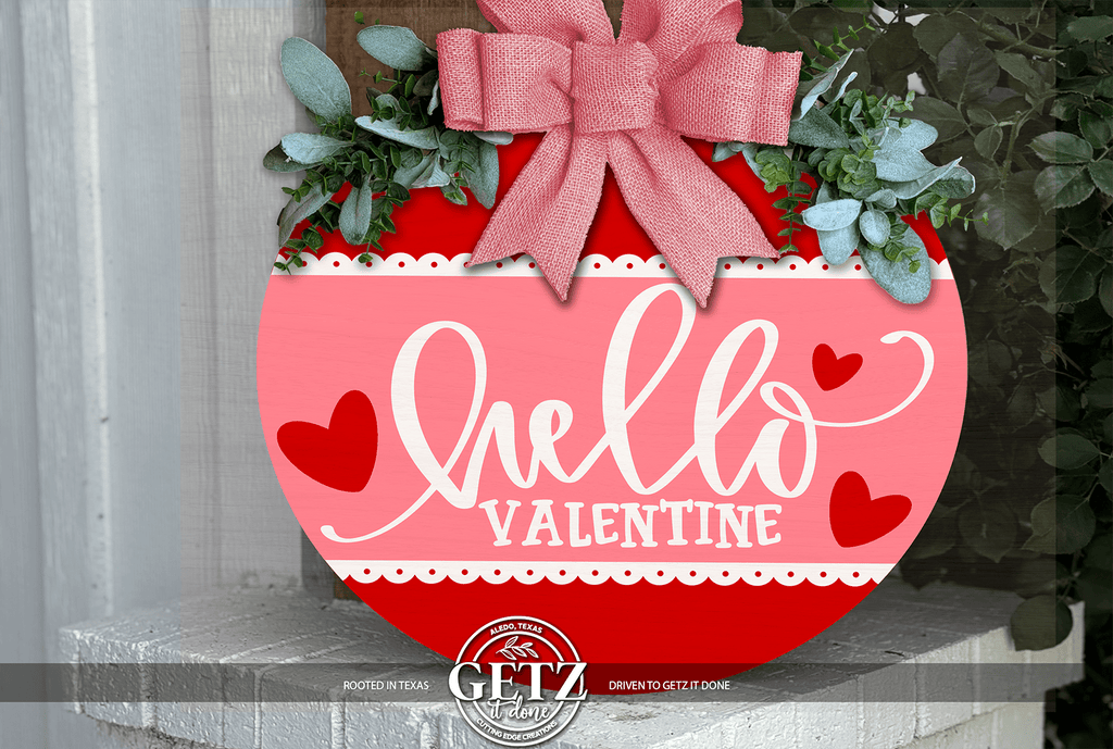 Hello Valentine Door Hanger | Valentine’s Day Front Door Sign | Pink or Red Valentine Decor | Heart Welcome Sign - 3D Layered Wood Door Sign by Getz It Done Studio
