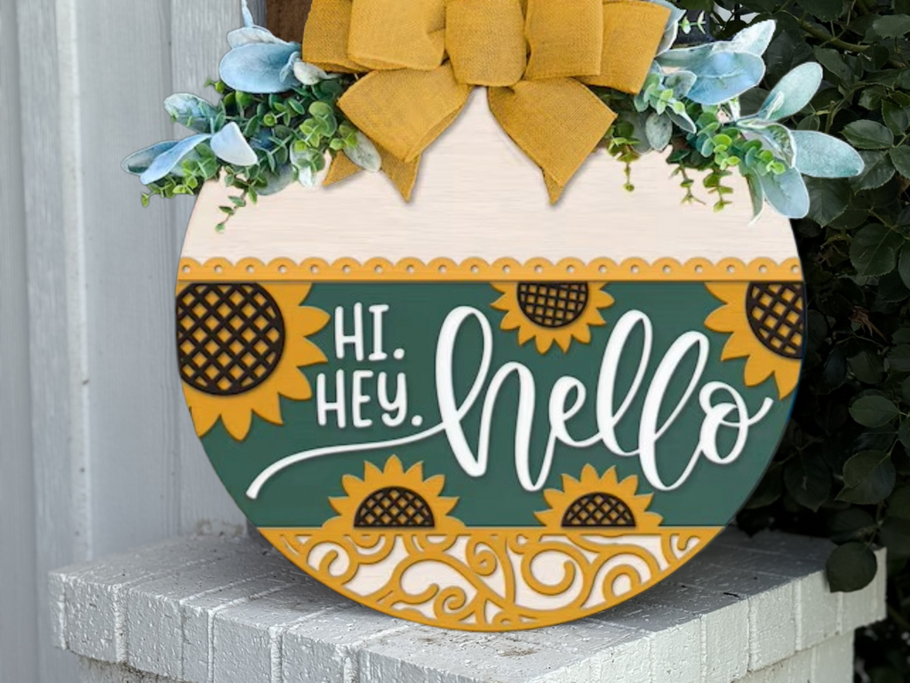 Hi Hey Hello Door Hanger • Sunflower Front Door Sign • Layered Wood Round • Summer Porch Decor • Farmhouse Entry Sign with Bow & Greenery