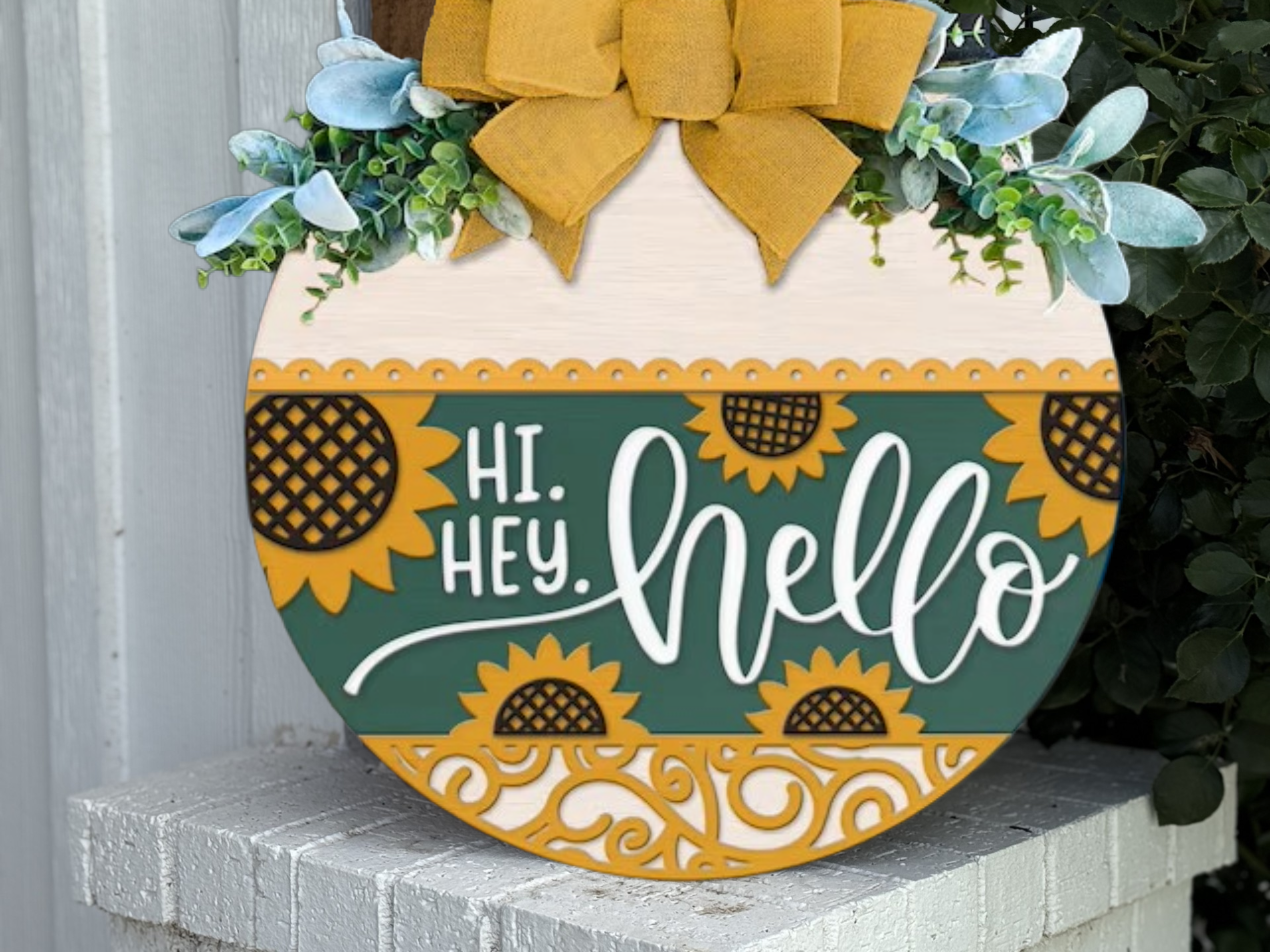 Hi Hey Hello Door Hanger • Sunflower Front Door Sign • Layered Wood Round • Summer Porch Decor • Farmhouse Entry Sign with Bow & Greenery