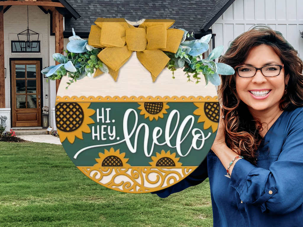 Hi Hey Hello Door Hanger • Sunflower Front Door Sign • Layered Wood Round • Summer Porch Decor • Farmhouse Entry Sign with Bow & Greenery