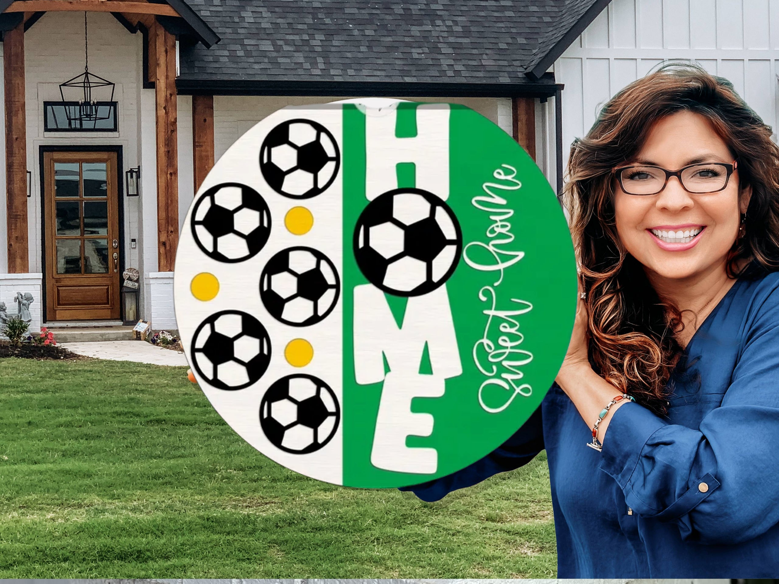A round sign with soccer balls and yellow dots on the left and the word HOME on the right, with the letter O replaced by a soccer ball. The phrase Sweet Home is written in cursive along the side.