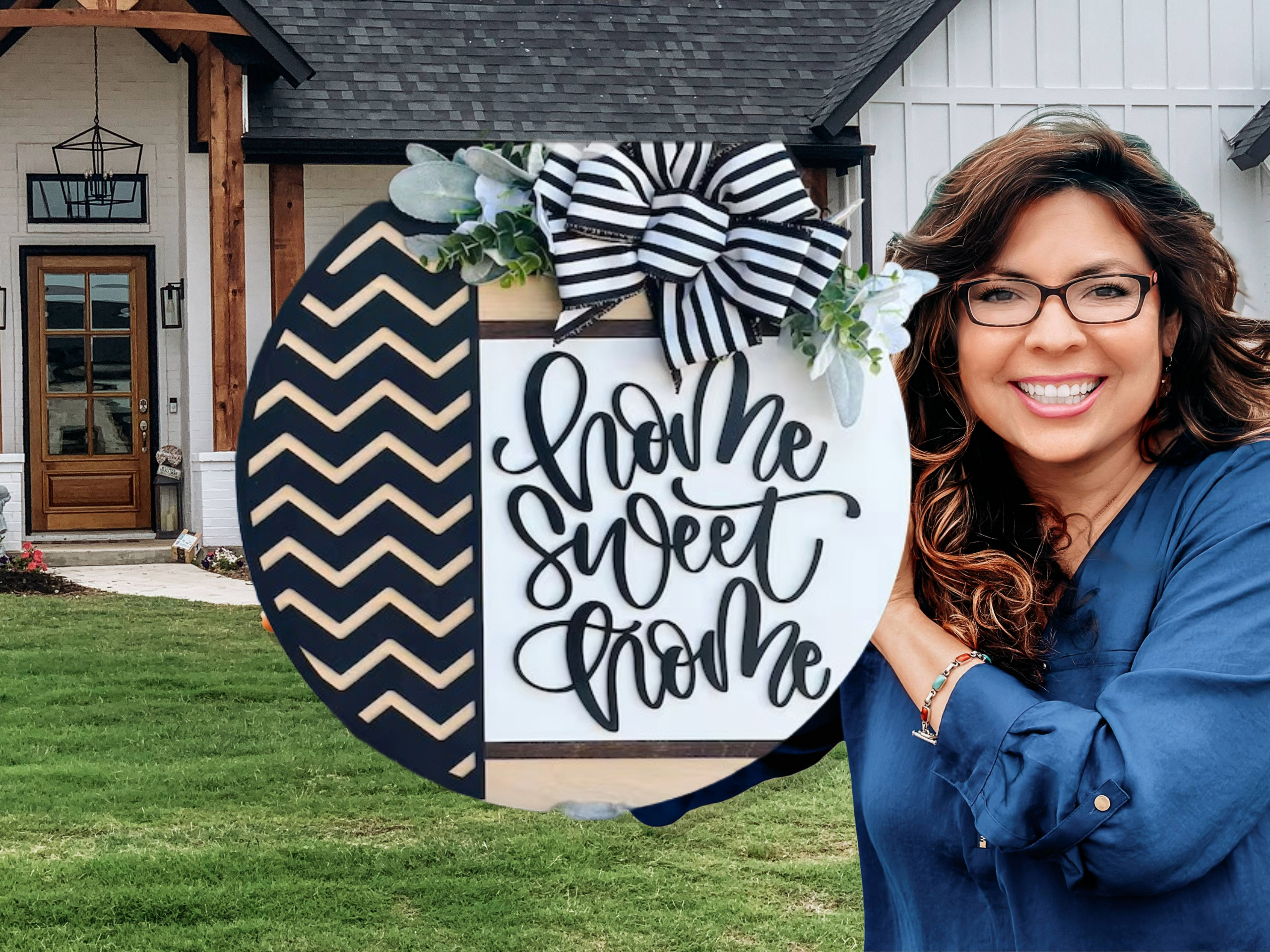 Home Sweet Home Door Hanger • Modern Chevron Round Wood Sign • Black & White Front Door Decor • Farmhouse Entryway Sign with Bow & Greenery