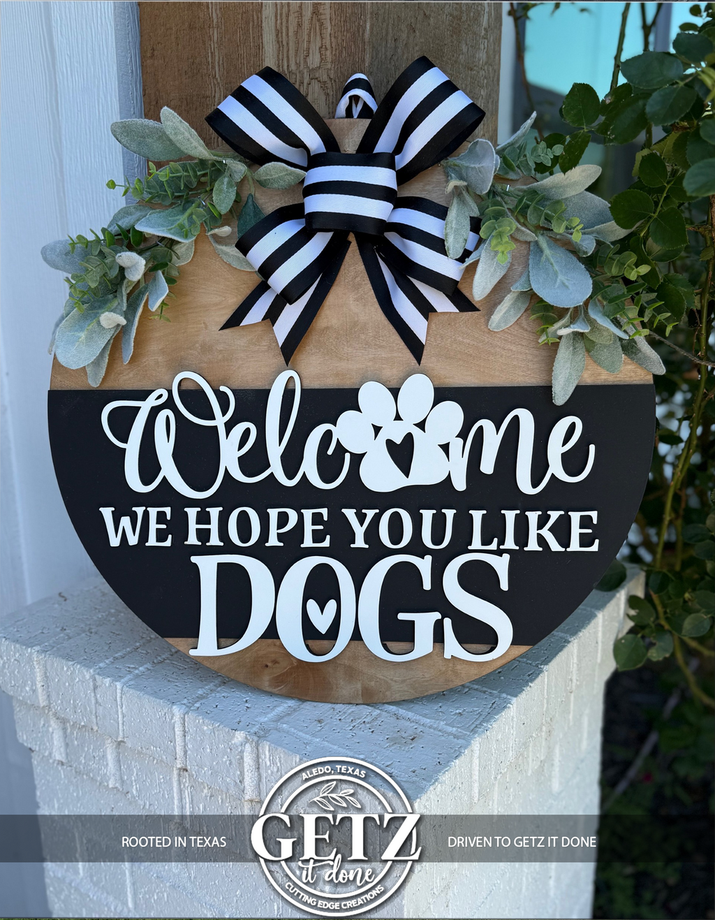 Welcome We Hope You Like Dogs Sign | Farmhouse Dog Lover Door Hanger | Rustic Wooden Round Porch Decor with Paw Print & Bow