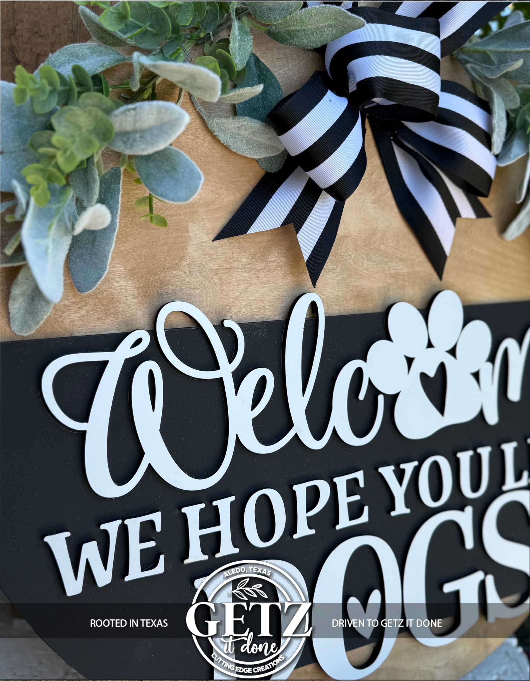 Welcome We Hope You Like Dogs Sign | Farmhouse Dog Lover Door Hanger | Rustic Wooden Round Porch Decor with Paw Print & Bow