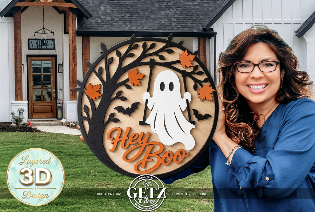 3D Layered Wood "Hey Boo" Ghost Swing Halloween Door Sign | Spooky Front Porch Wall Decor