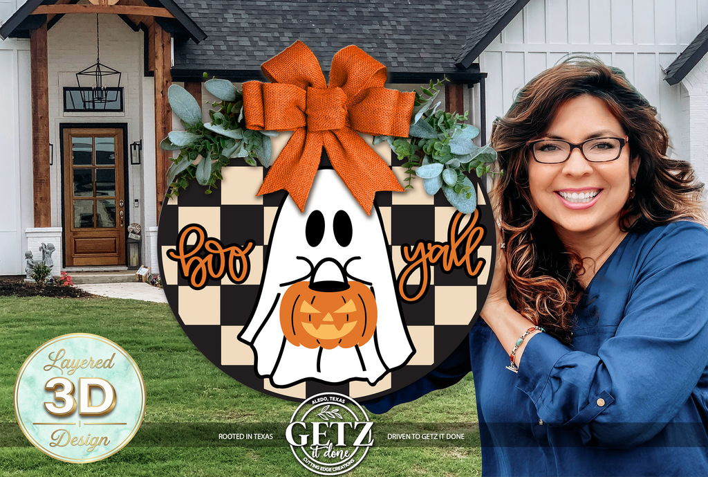 3D Layered Boo Y'all Cute Ghost Door Hanger | Wooden Halloween Wreath Decor