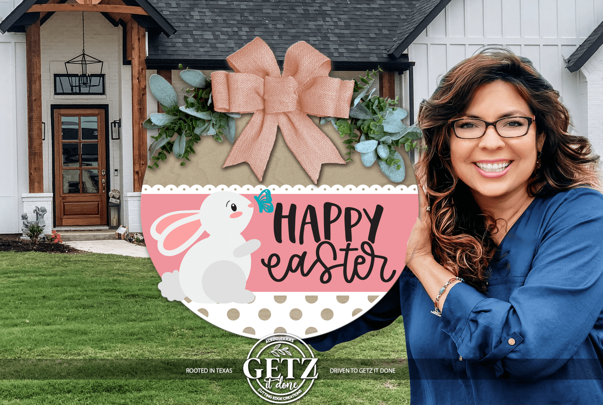 Happy Easter Bunny & Butterfly Door Sign – Spring Farmhouse Layered Wood Decor - 3D Layered Wood Door Sign by Getz It Done Studio