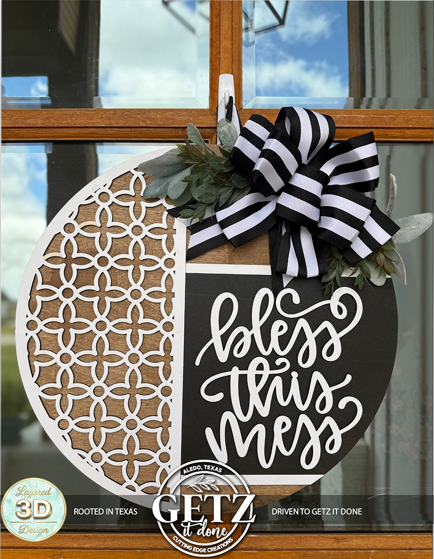 Bless This Home Door Sign – Laser Cut, Hand Painted Farmhouse Wreath with Bow & Geometric Pattern, Rustic Porch Decor, Outdoor Safe Hanger