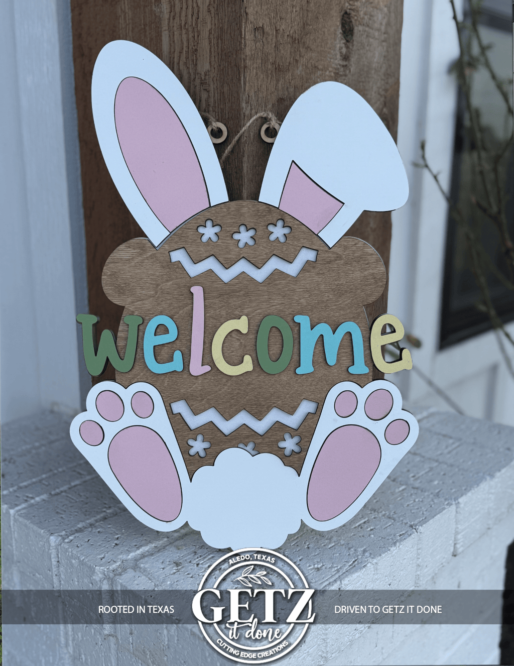 Easter Bunny Welcome Door Hanger, Spring Bunny Decor, Layered Wood Easter Sign, Farmhouse Front Porch Decor - 3D Layered Wood Door Sign by Getz It Done Studio