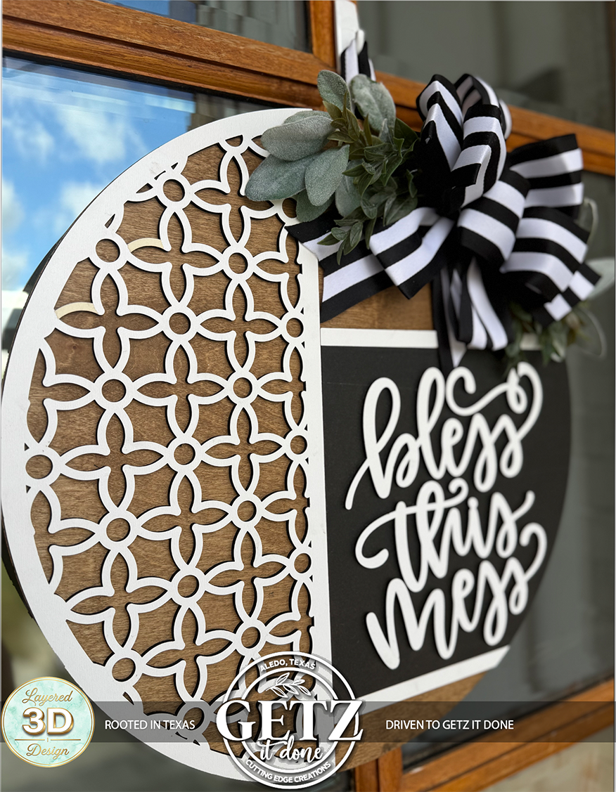 Bless This Home Door Sign – Laser Cut, Hand Painted Farmhouse Wreath with Bow & Geometric Pattern, Rustic Porch Decor, Outdoor Safe Hanger