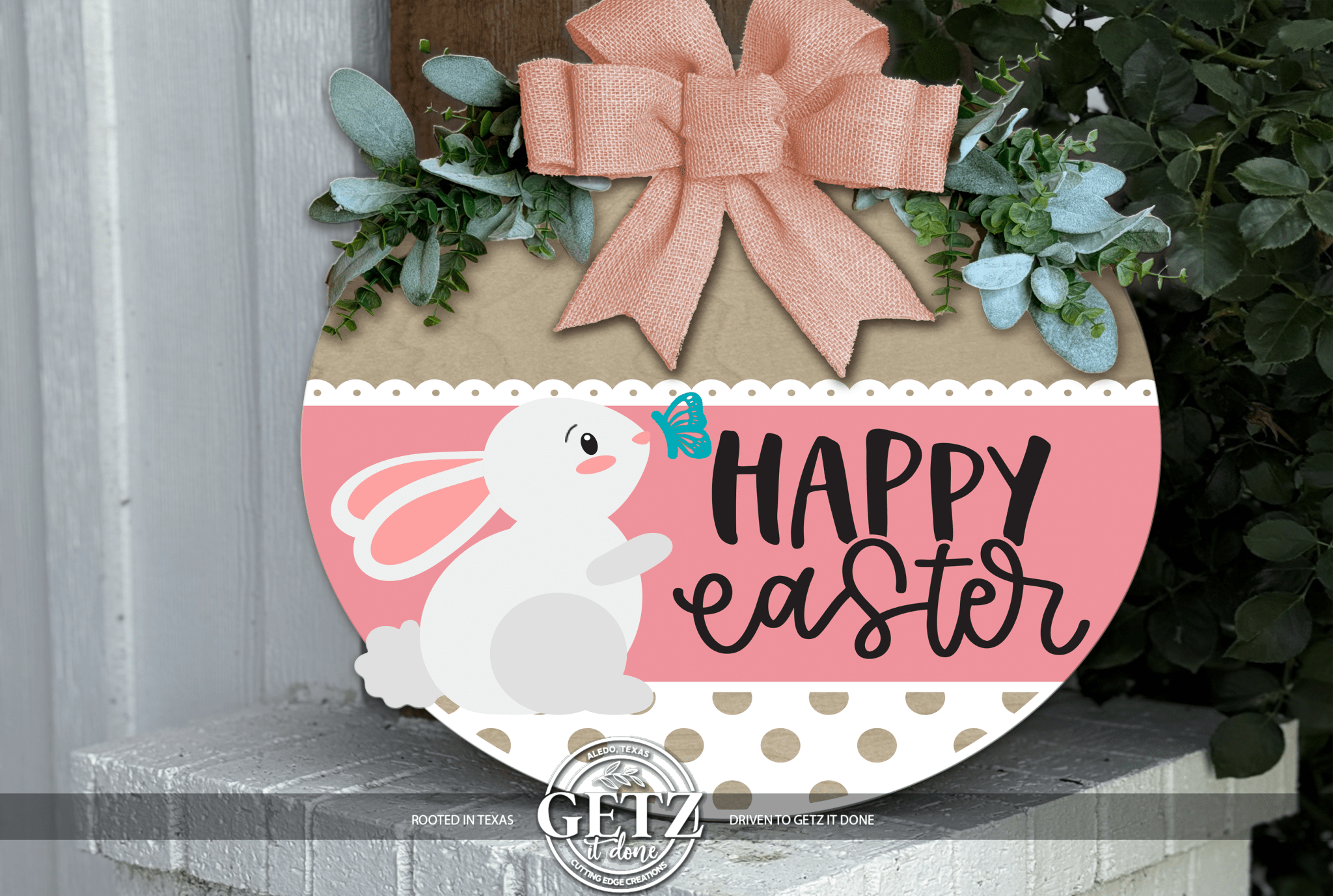 Happy Easter Bunny & Butterfly Door Sign – Spring Farmhouse Layered Wood Decor - 3D Layered Wood Door Sign by Getz It Done Studio
