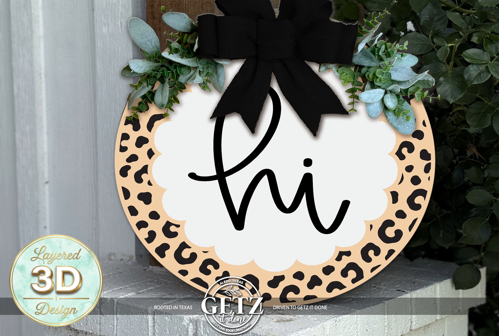 3D Leopard Print Hi Door Hanger Scalloped Wood Round Sign Front Porch Decor