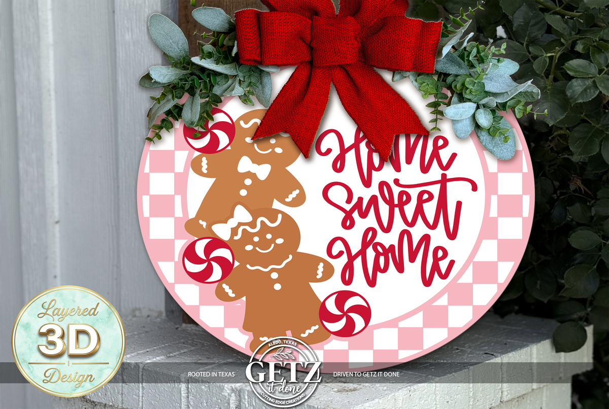 Home Sweet Home Gingerbread Door Hanger – 3D Layered Christmas & Winter Wood Sign