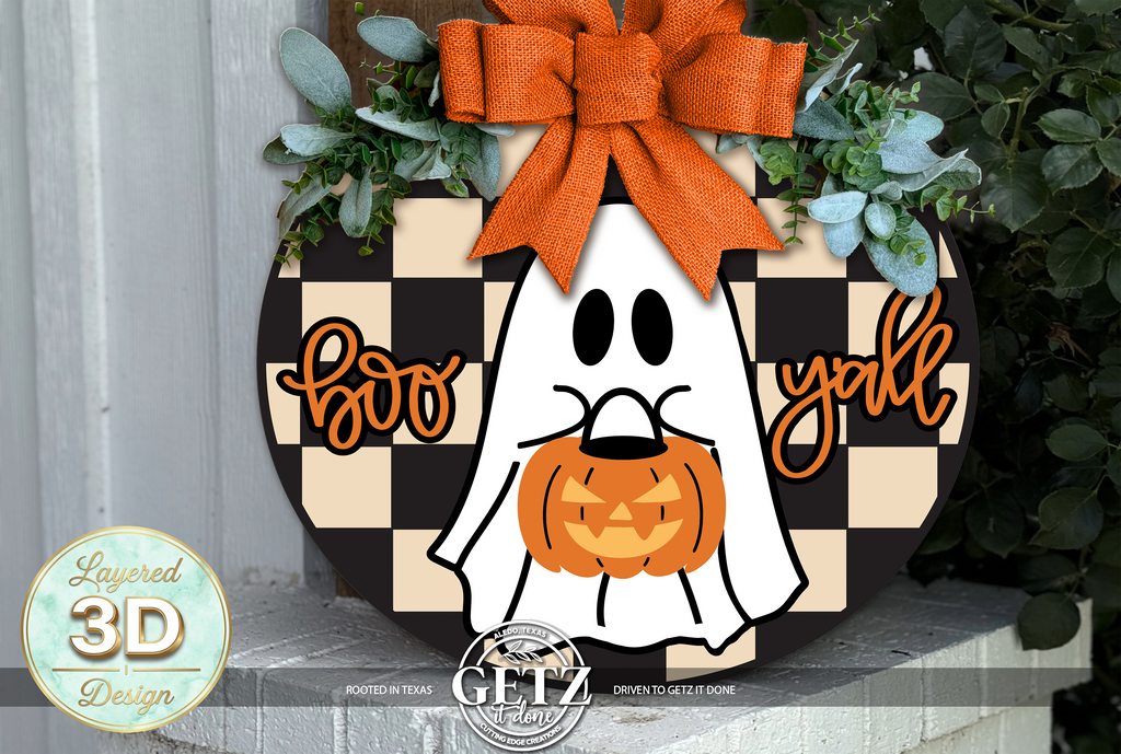 3D Layered Boo Y'all Cute Ghost Door Hanger | Wooden Halloween Wreath Decor
