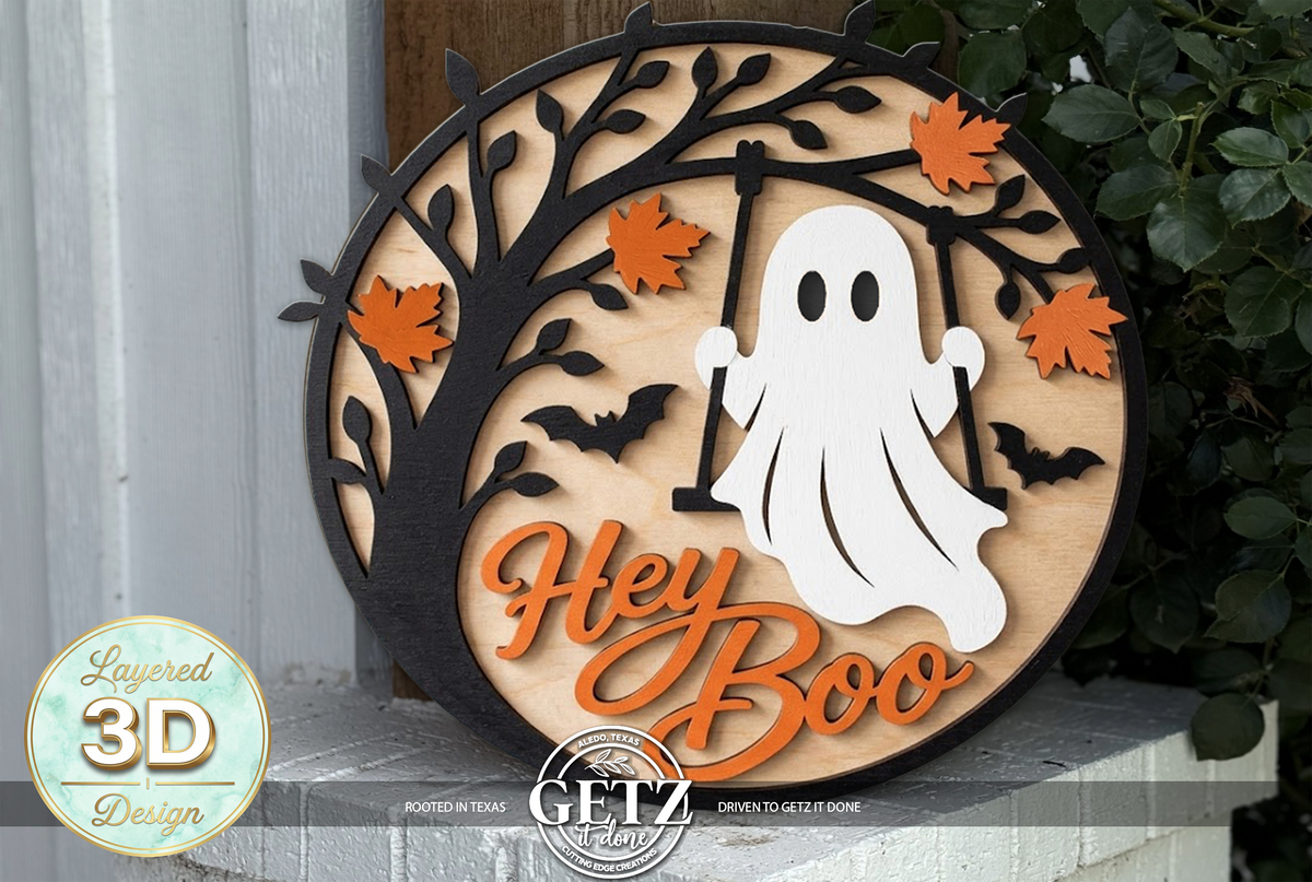 3D Layered Wood "Hey Boo" Ghost Swing Halloween Door Sign | Spooky Front Porch Wall Decor