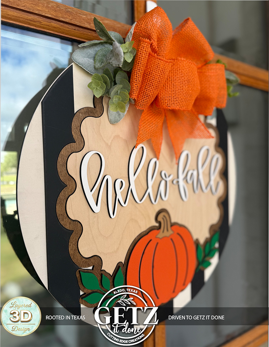 3D Layered Hello Fall Pumpkin Door Hanger | Wooden Autumn Wreath Decor