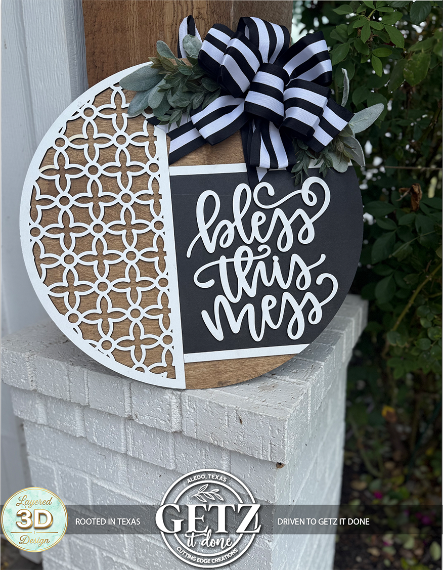 Bless This Home Door Sign – Laser Cut, Hand Painted Farmhouse Wreath with Bow & Geometric Pattern, Rustic Porch Decor, Outdoor Safe Hanger