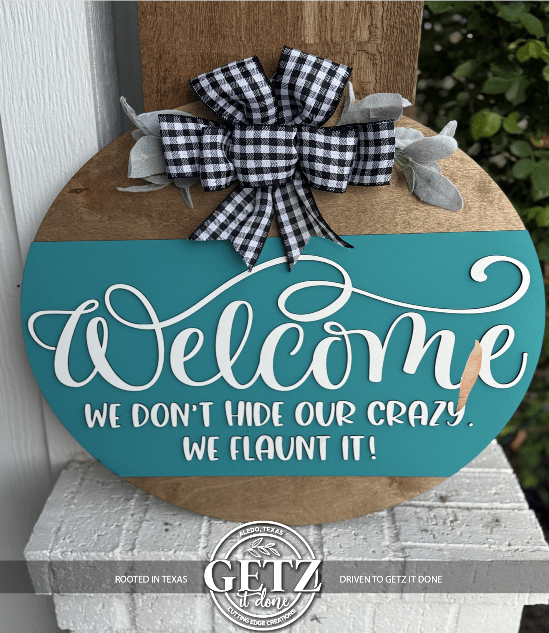 Welcome Door Sign Funny | We Don’t Hide Our Crazy We Flaunt It | Farmhouse Porch Decor | Rustic Round Wooden Door Hanger - 3D Layered Wood Door Sign by Getz It Done Studio