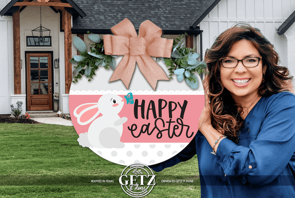 Happy Easter Bunny & Butterfly Door Sign – Spring Farmhouse Layered Wood Decor - 3D Layered Wood Door Sign by Getz It Done Studio