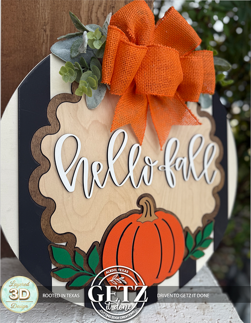 3D Layered Hello Fall Pumpkin Door Hanger | Wooden Autumn Wreath Decor