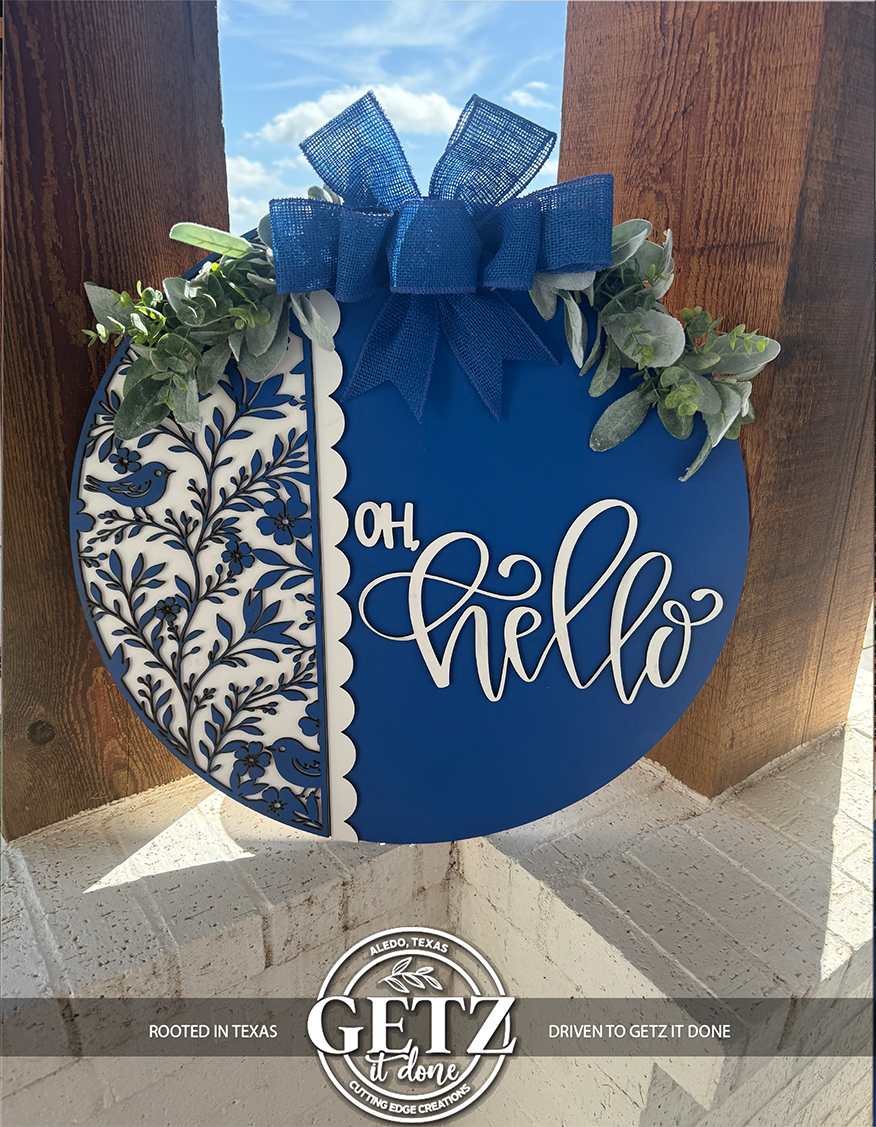Blue and White Oh Hello Door Sign | Spring Front Door Decor | Farmhouse Porch Sign | Laser Cut Wooden Wreath