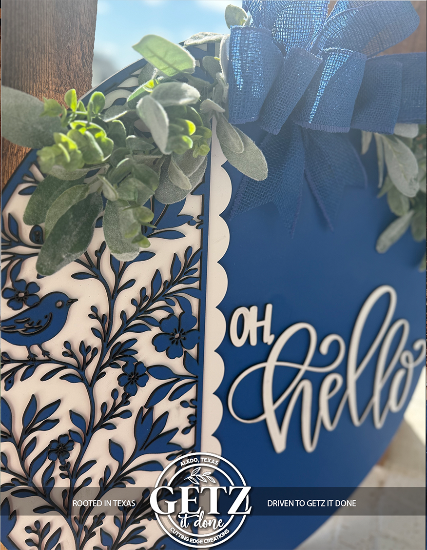 Blue and White Oh Hello Door Sign | Spring Front Door Decor | Farmhouse Porch Sign | Laser Cut Wooden Wreath