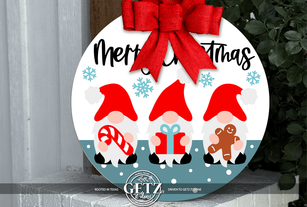 Christmas Gnome Door Hanger | Three Gnomes Christmas Sign | Cute Holiday Front Door Decor | Candy Cane Gift Gingerbread Gnome Sign - 3D Layered Wood Door Sign by Getz It Done Studio