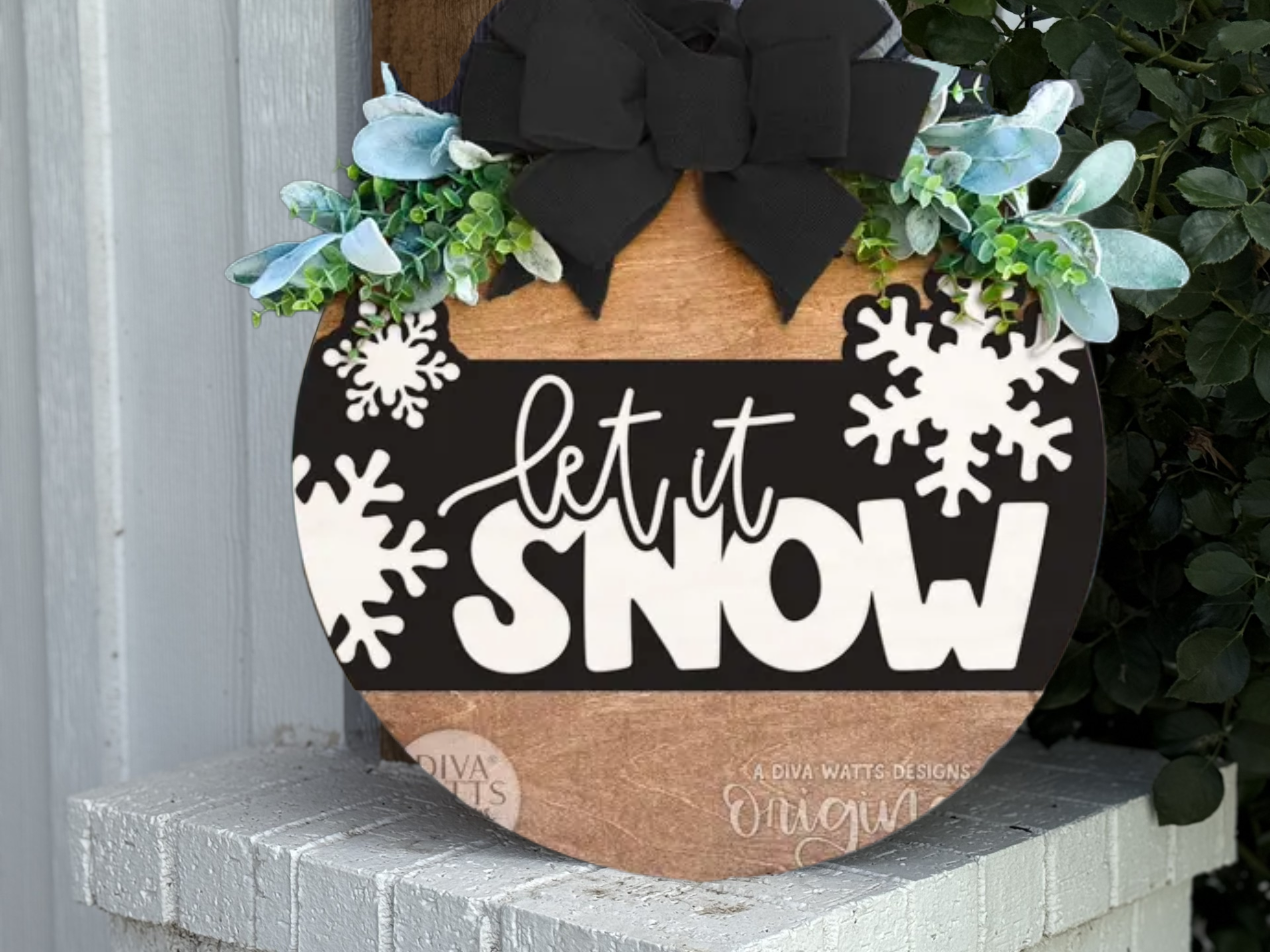 Let It Snow Door Sign – Black and White Winter Door Hanger, Handmade Layered Wood Snowflake Porch Decor, Farmhouse Winter Sign