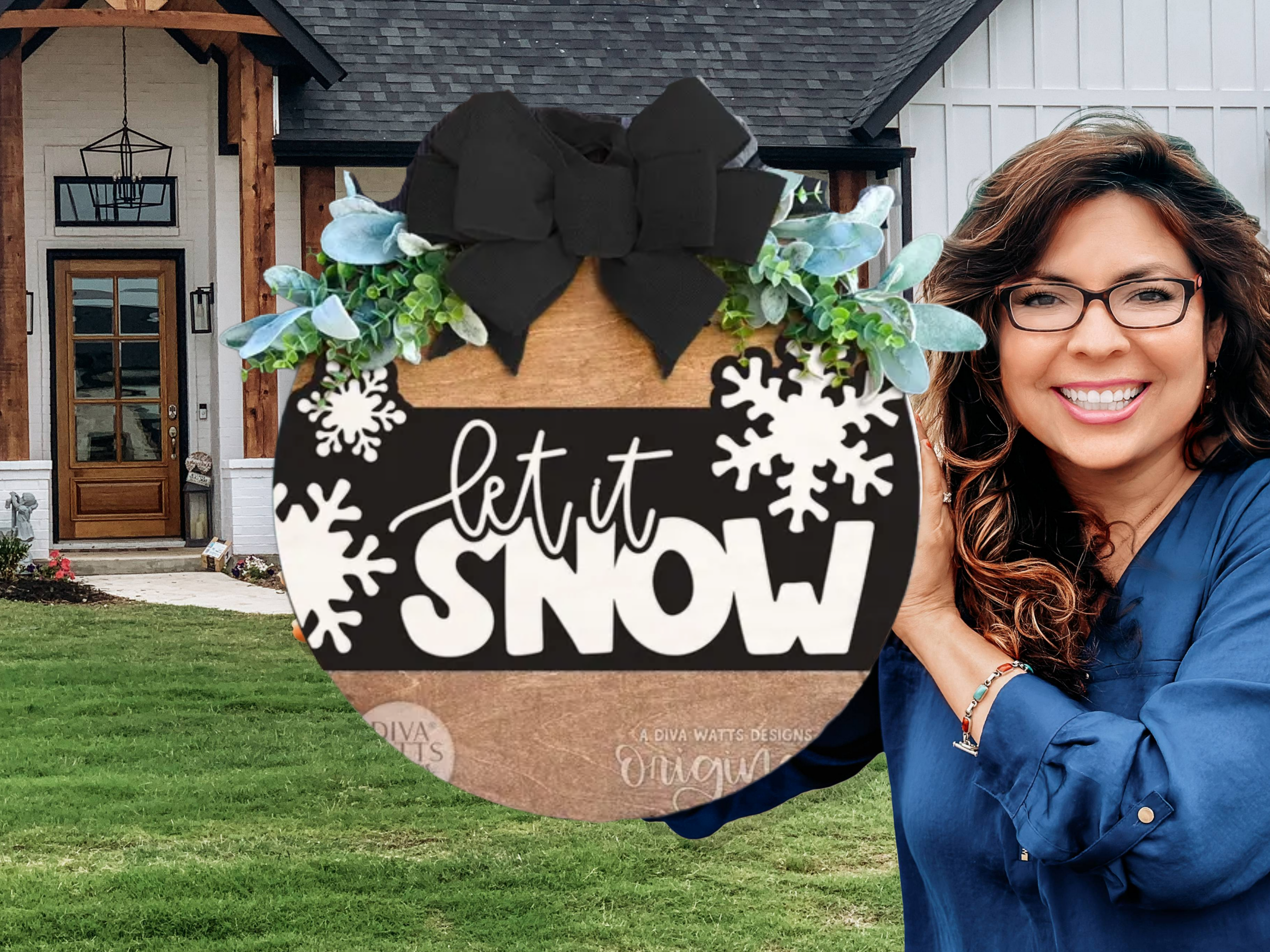Let It Snow Door Sign – Black and White Winter Door Hanger, Handmade Layered Wood Snowflake Porch Decor, Farmhouse Winter Sign