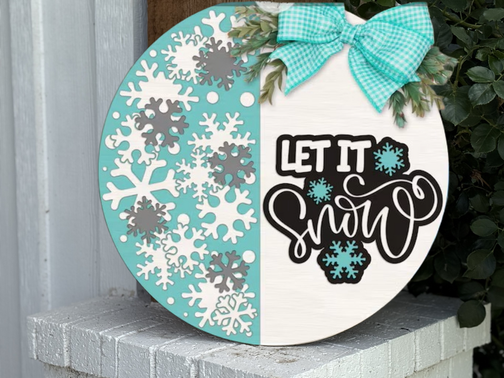 Let It Snow Door Hanger • Layered Snowflake Winter Sign • Teal & White Christmas Decor