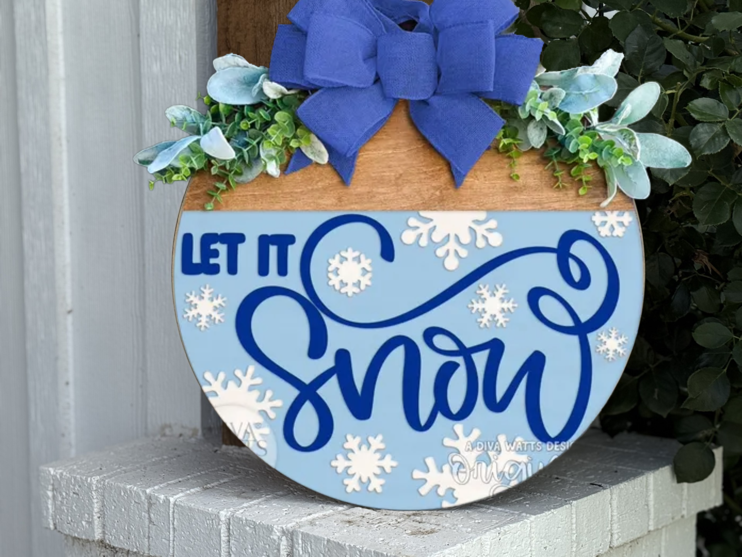 Let It Snow Door Sign – Blue Winter Door Hanger, Snowflake Porch Decor, Handmade Layered Wood Farmhouse Winter Sign