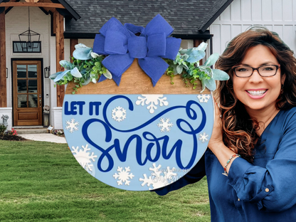 Let It Snow Door Sign – Blue Winter Door Hanger, Snowflake Porch Decor, Handmade Layered Wood Farmhouse Winter Sign