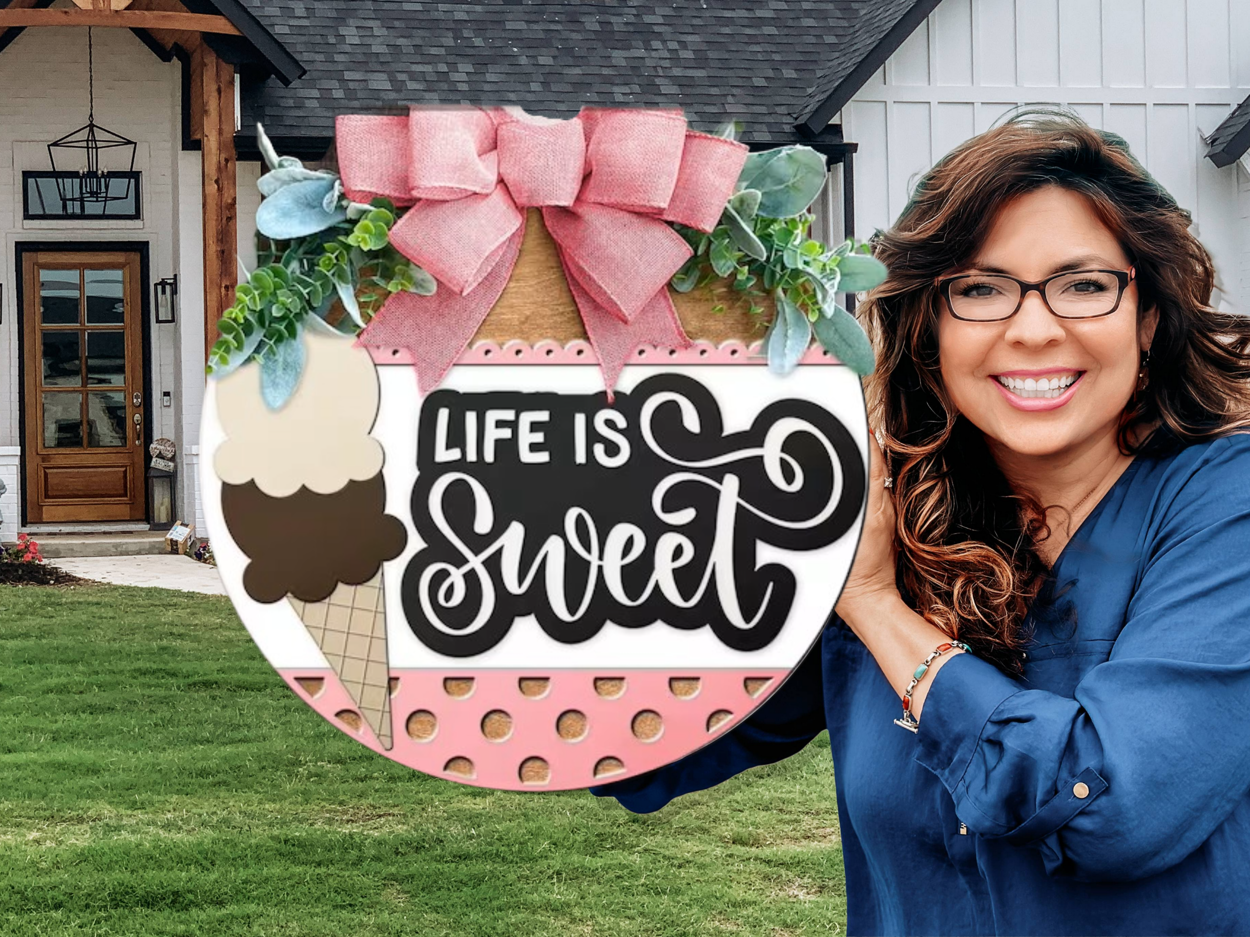 Life Is Sweet Door Hanger • Ice Cream Front Door Sign • Summer Porch Decor • Layered Wood Round • Cute Pastel Home Decor with Bow & Greenery