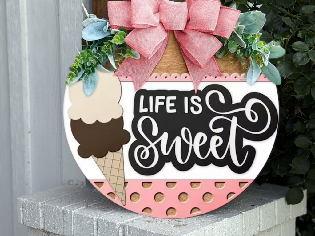 Life Is Sweet Door Hanger • Ice Cream Front Door Sign • Summer Porch Decor • Layered Wood Round • Cute Pastel Home Decor with Bow & Greenery