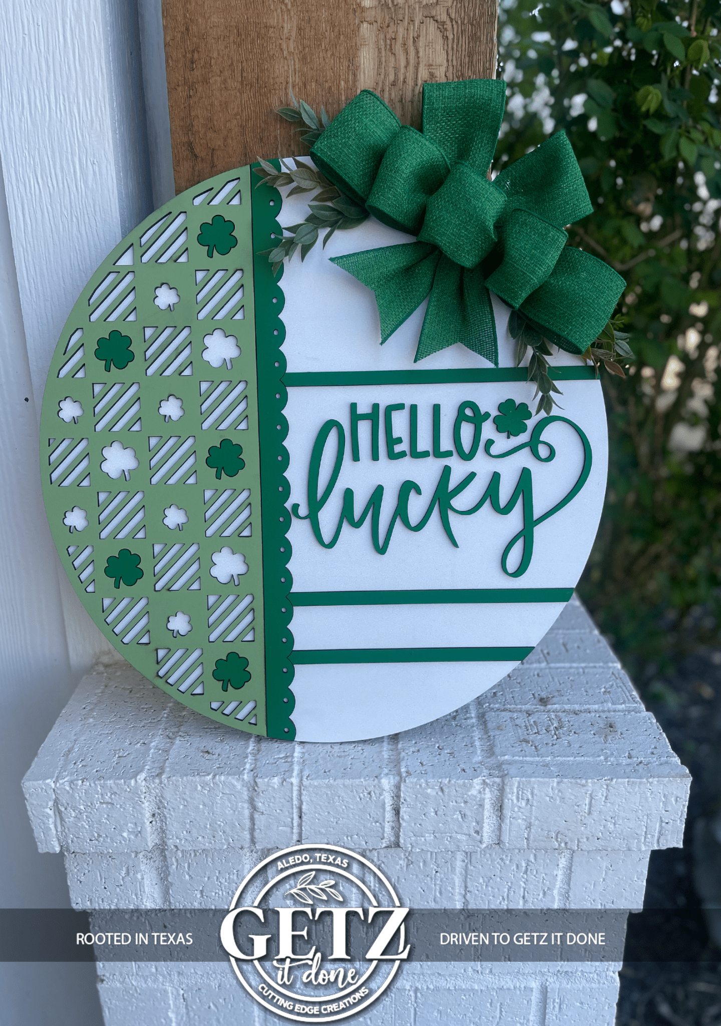 Hello Lucky Door Hanger • St Patrick’s Day Door Sign • Shamrock Door Decor • Green Irish Front Door • Lucky Sign - 3D Layered Wood Door Sign by Getz It Done Studio