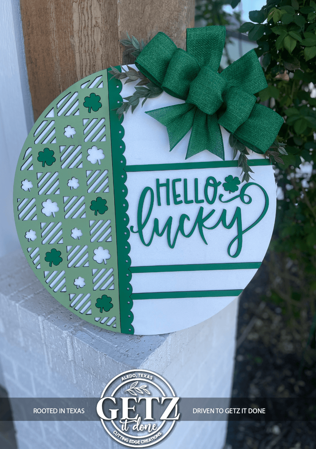 Hello Lucky Door Hanger • St Patrick’s Day Door Sign • Shamrock Door Decor • Green Irish Front Door • Lucky Sign - 3D Layered Wood Door Sign by Getz It Done Studio