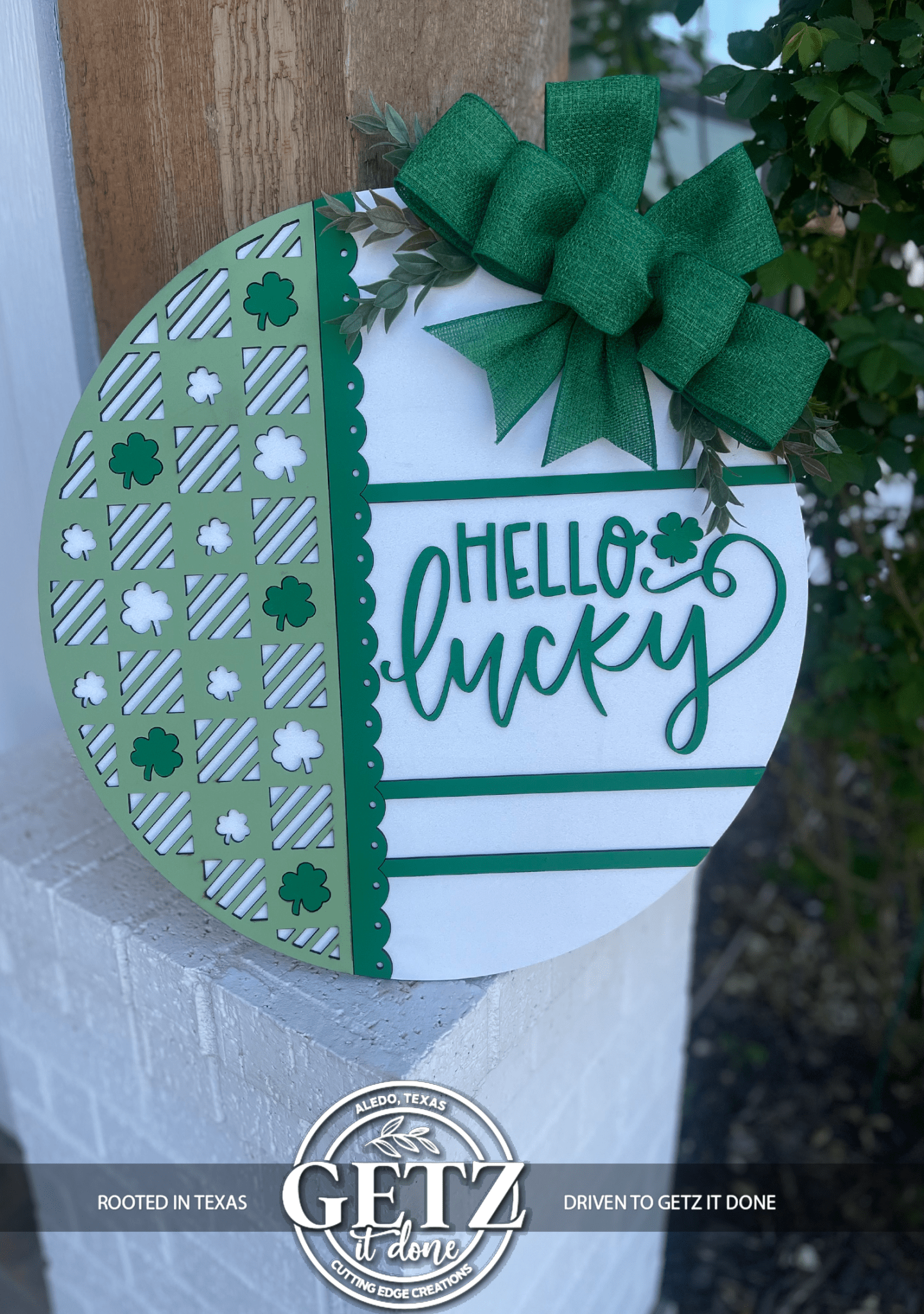 Hello Lucky Door Hanger • St Patrick’s Day Door Sign • Shamrock Door Decor • Green Irish Front Door • Lucky Sign - 3D Layered Wood Door Sign by Getz It Done Studio