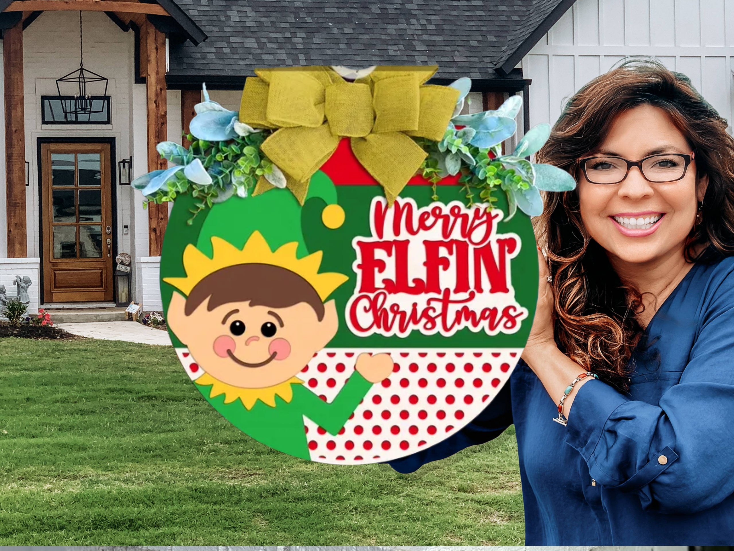 A round holiday sign decorated with a yellow bow, greenery, and flowers features a smiling cartoon elf and the words Merry Elfin Christmas in red letters on a red and white polka dot background.