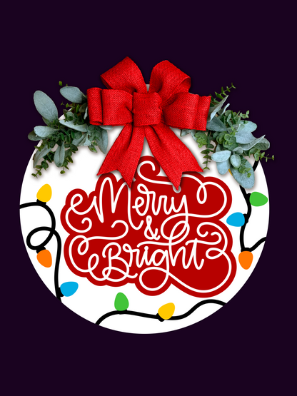 Merry & Bright Christmas Door Hanger | Colorful Christmas Lights Sign | Holiday Front Door Decor | Winter Porch Sign | Handmade Laser Cut