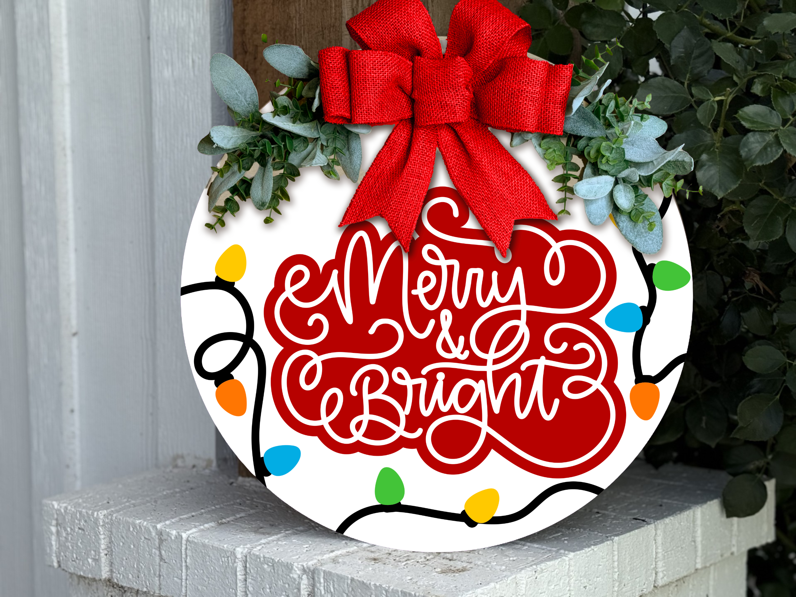 Merry & Bright Christmas Door Hanger | Colorful Christmas Lights Sign | Holiday Front Door Decor | Winter Porch Sign | Handmade Laser Cut