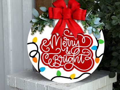 Merry & Bright Christmas Door Hanger | Colorful Christmas Lights Sign | Holiday Front Door Decor | Winter Porch Sign | Handmade Laser Cut