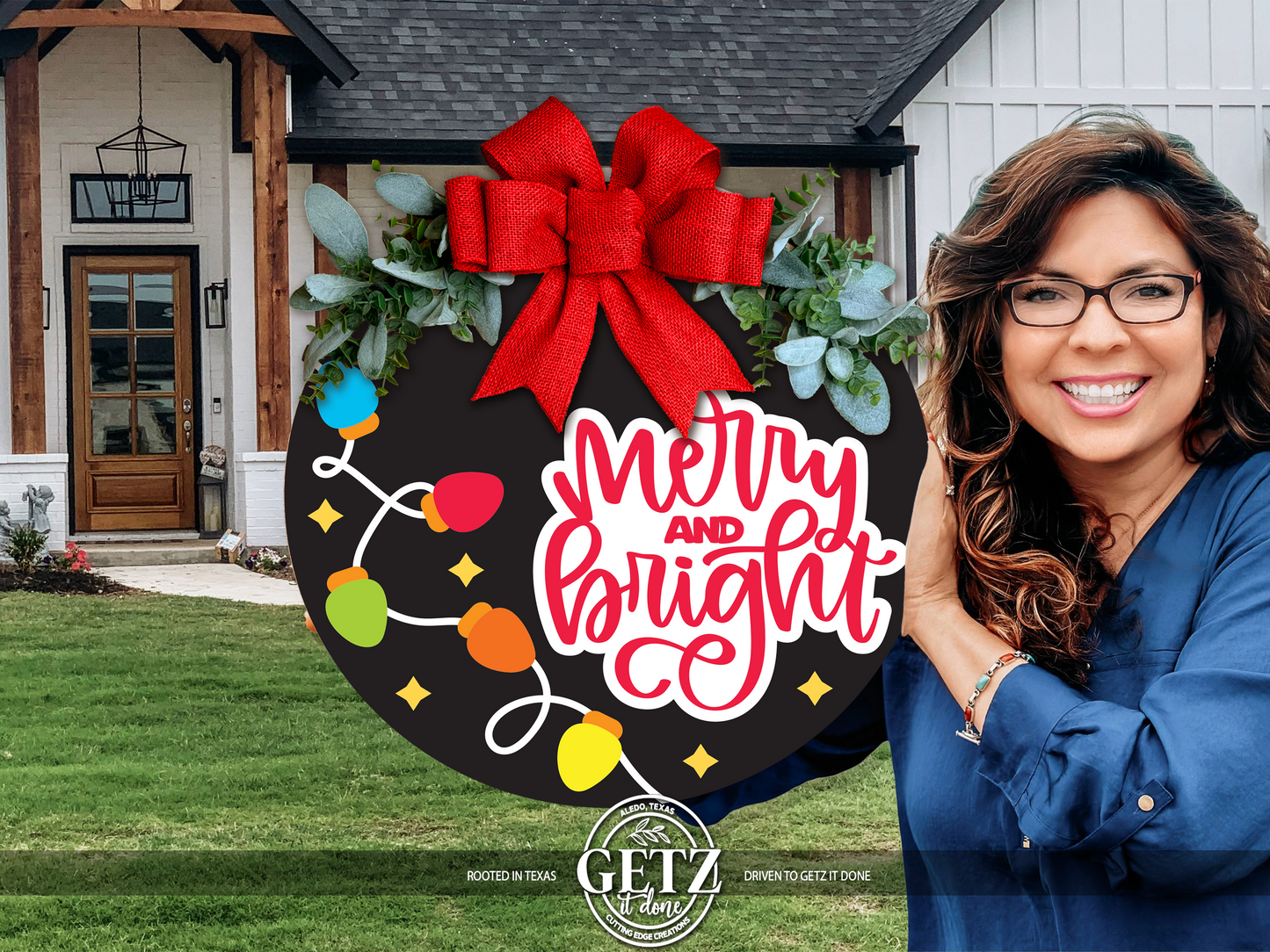 Merry & Bright Christmas Lights Door Hanger | Holiday Front Door Sign | Christmas Porch Decor | Handmade Layered Wood Sign | 16-24 Inch