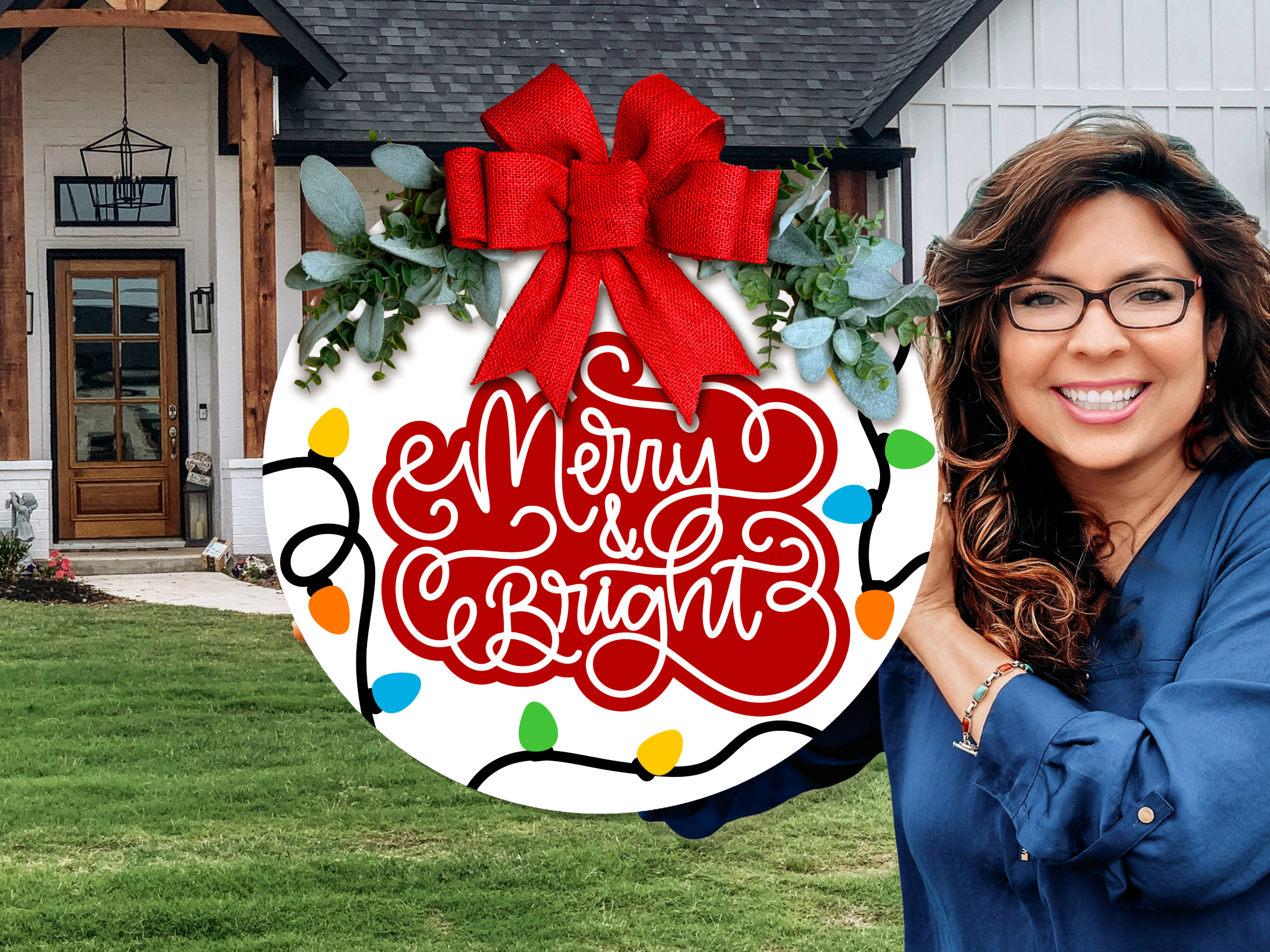 Merry & Bright Christmas Door Hanger | Colorful Christmas Lights Sign | Holiday Front Door Decor | Winter Porch Sign | Handmade Laser Cut