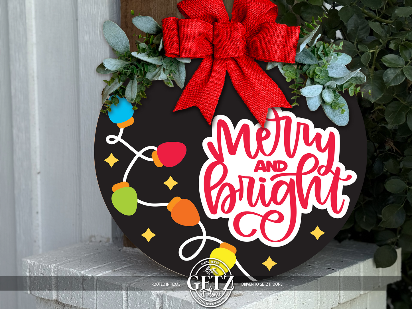 Merry & Bright Christmas Lights Door Hanger | Holiday Front Door Sign | Christmas Porch Decor | Handmade Layered Wood Sign | 16-24 Inch