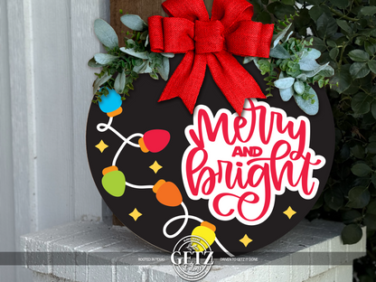 Merry & Bright Christmas Lights Door Hanger | Holiday Front Door Sign | Christmas Porch Decor | Handmade Layered Wood Sign | 16-24 Inch