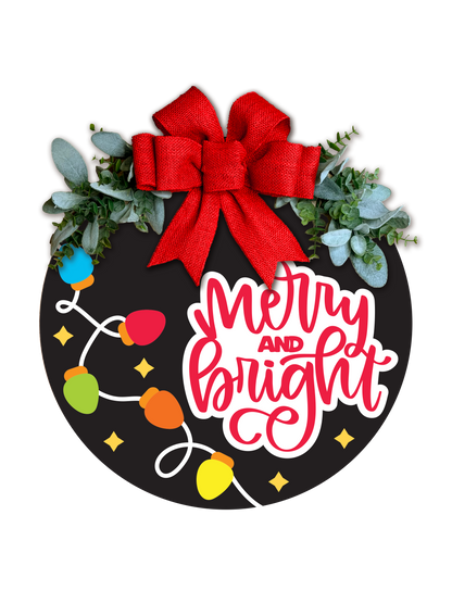 Merry & Bright Christmas Lights Door Hanger | Holiday Front Door Sign | Christmas Porch Decor | Handmade Layered Wood Sign | 16-24 Inch