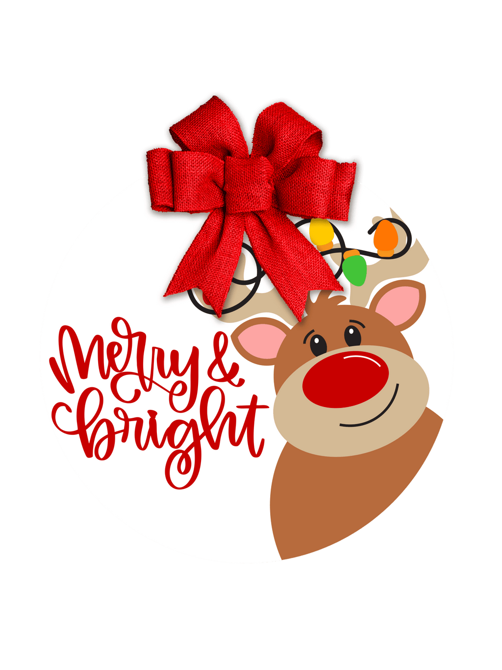 Merry & Bright Reindeer Door Sign • Christmas Rudolph Door Hanger • Holiday Porch Decor • Cute Christmas Round Sign • Laser Cut - 3D Layered Wood Door Sign by Getz It Done Studio