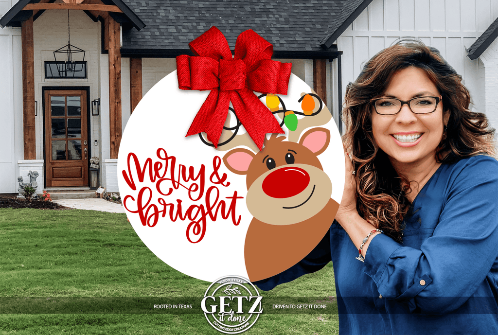Merry & Bright Reindeer Door Sign • Christmas Rudolph Door Hanger • Holiday Porch Decor • Cute Christmas Round Sign • Laser Cut - 3D Layered Wood Door Sign by Getz It Done Studio